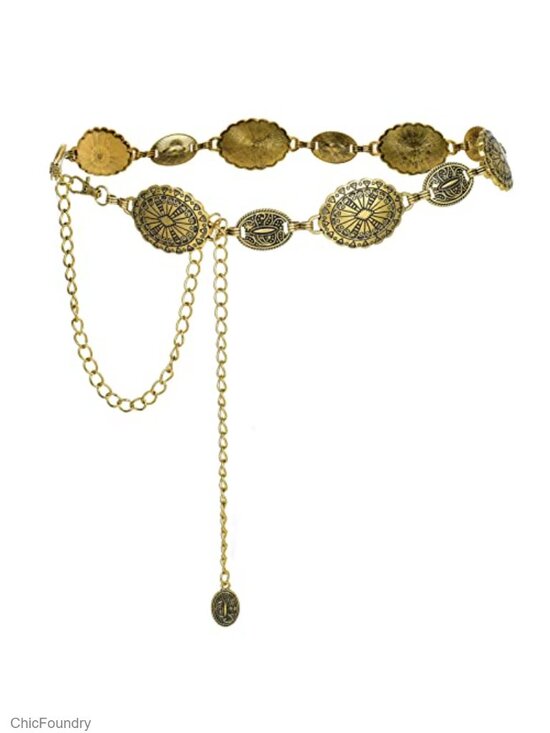 Accessories - Waist Chain Curb Belt Gold Retro Turquoise Stone Punk Concho Western Belt for